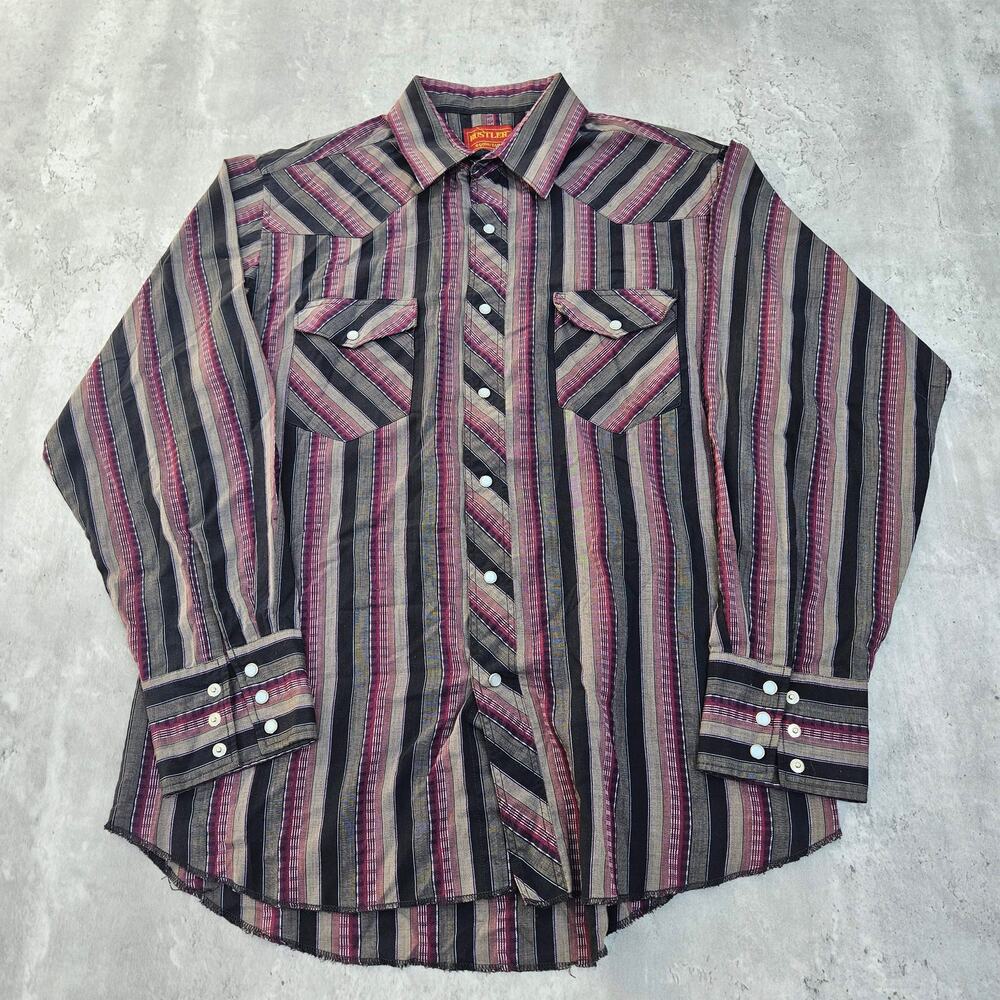 Vintage Rustler Western Shirt Pearl Snap Button Down Maroon and Grey Size Large